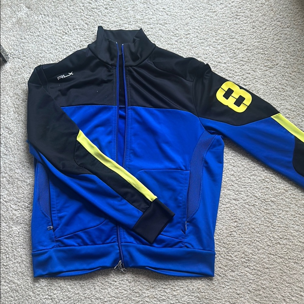 Blue and Black Track Jacket with Yellow Accents